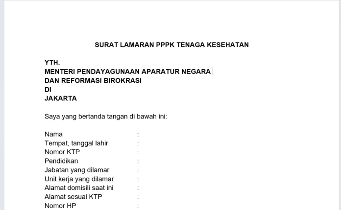 Contoh Surat Lamaran PPPK Tenaga Kesehatan Tahun 2023